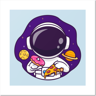 Cute Astronaut Eating Donut And Pizza In Space Cartoon Posters and Art